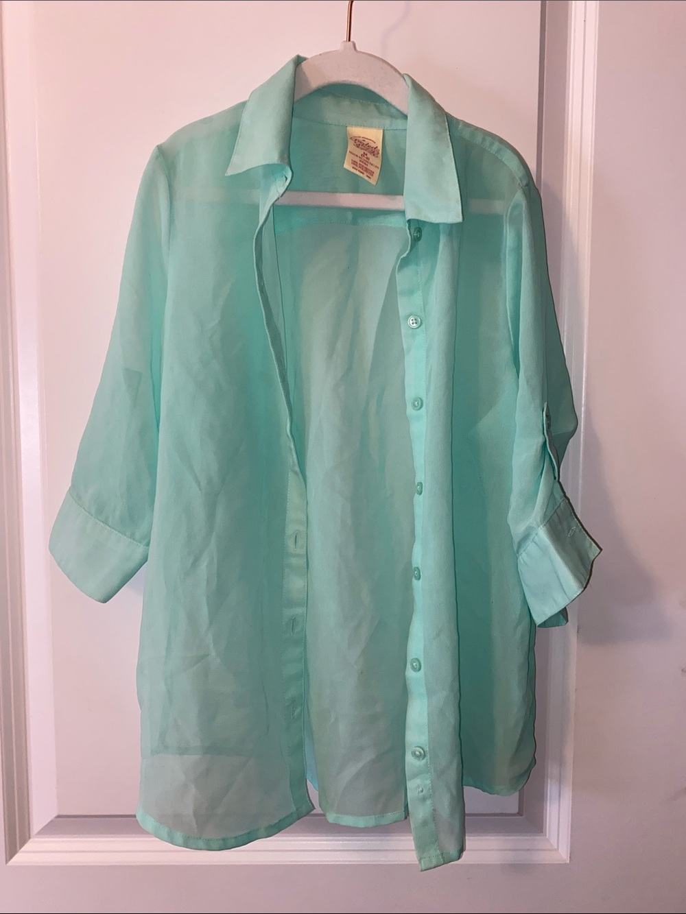 Faded Glory Girls Sheer Button Down Shirt Size Medium 7/8 Mint Green Roll Tab